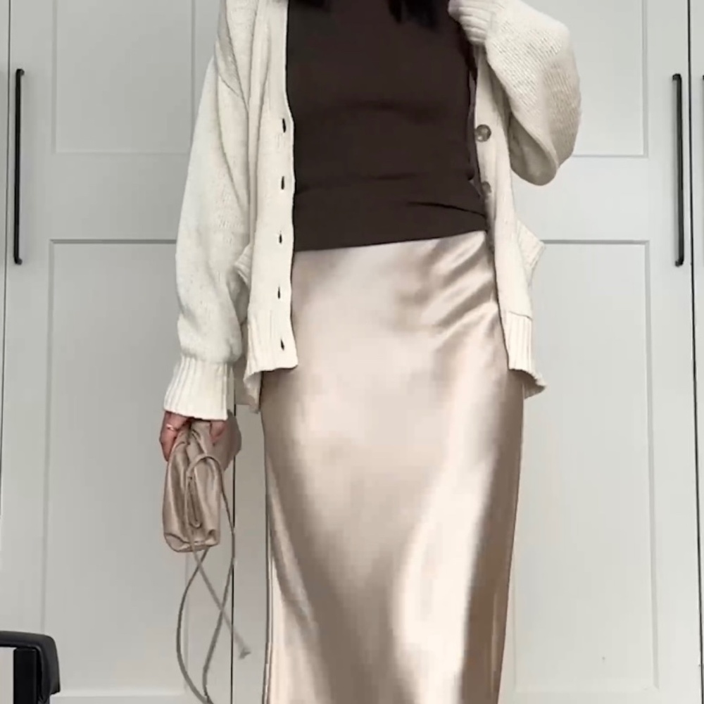 Quince midi silk skirt in champagne XL NWT